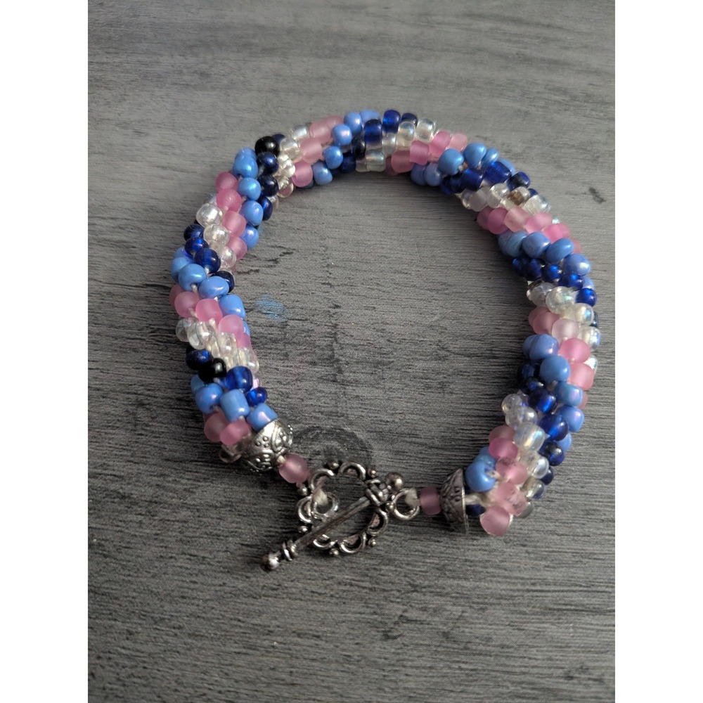 Handmade Beaded Rope Bracelet Blue Pink Clear Spiral Woven Toggle Clasp Heart